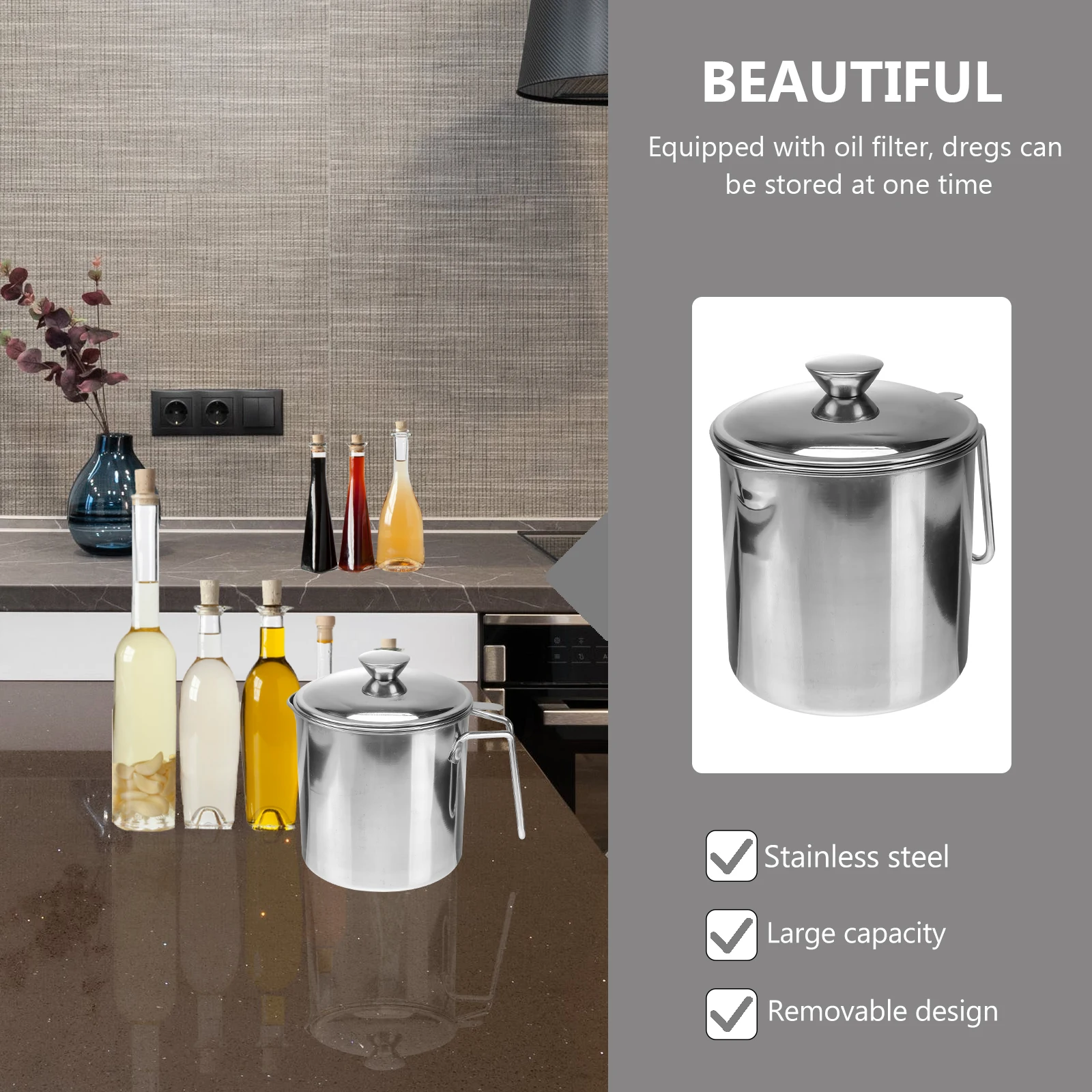 

1 pc 1.8 L Stainless Steel Strainer Pot Filter Grease Storage Can Creative Rust-Proof Colander Jar Multipurpose Kitchen