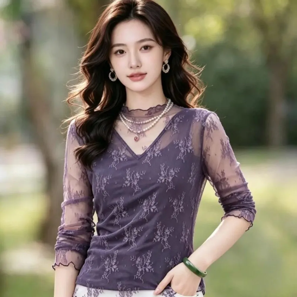 Fake V Neck Women Lace Shirt Floral Lace Long Sleeve Long Sleeve Top Hides Extra Fat Stretchy Mesh Mesh Undershirt