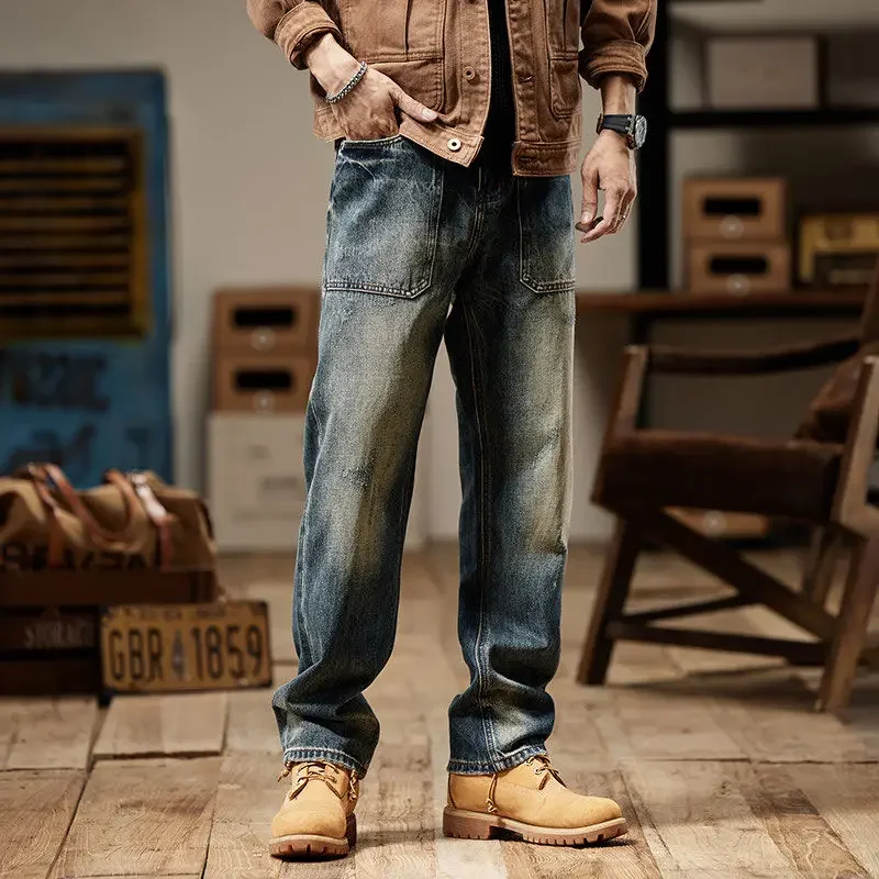 Met zakken jeans voor mannen hoge kwaliteit Y2k broek streetwear denim katoen wijde pijpen Koreaanse stijl zachte luxe man cowboybroek