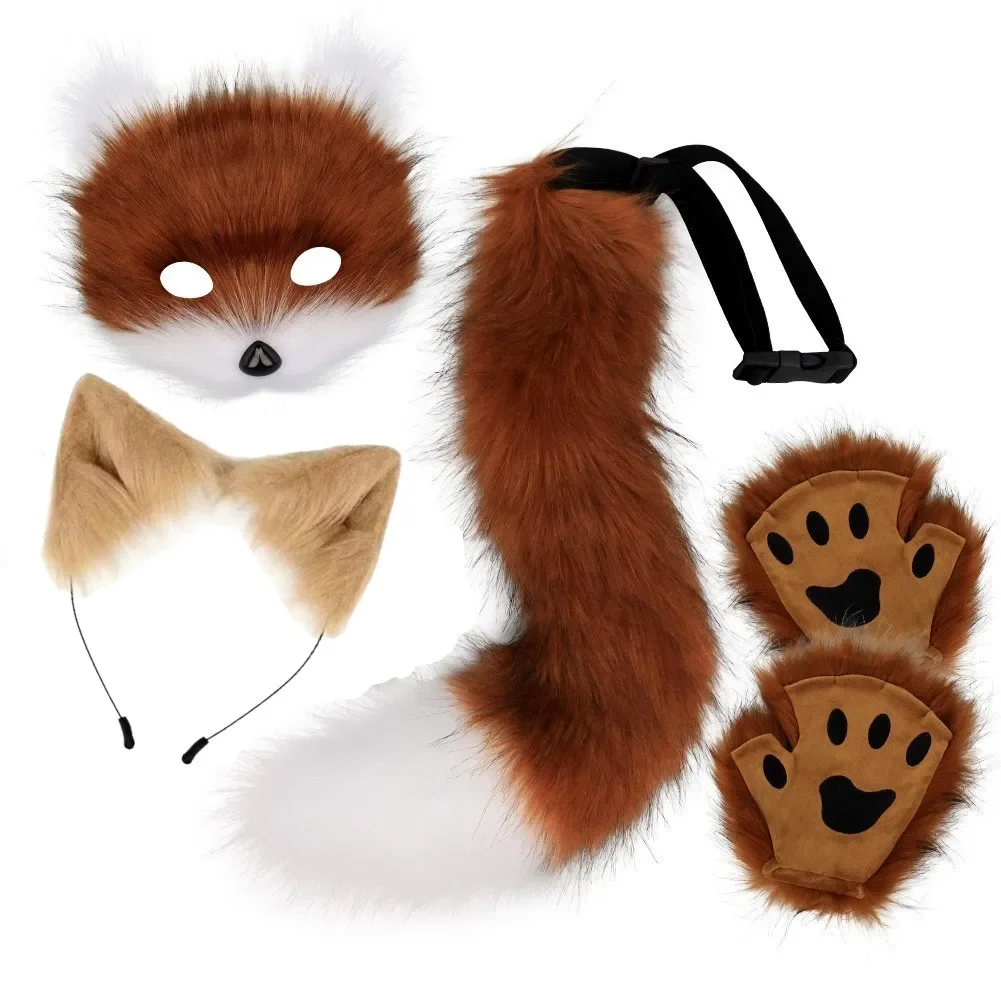 4Pcs Faux Fur Fox Costume Set Mask Gloves Headband Tail with Claws Realistic Furry Cosplay Halloween Party Animal Role Play Kit