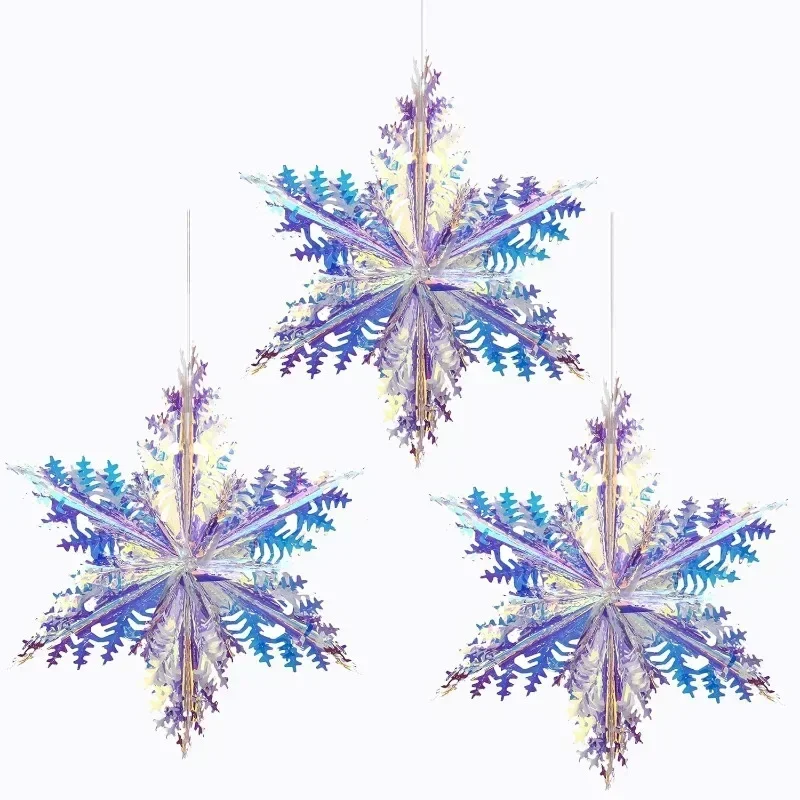 3pcs/6pcs Iridescent Star Hanging Decoration Snowflake Balls for Frozen Christmas Birthday Winter Ice Theme New Year Party Decor