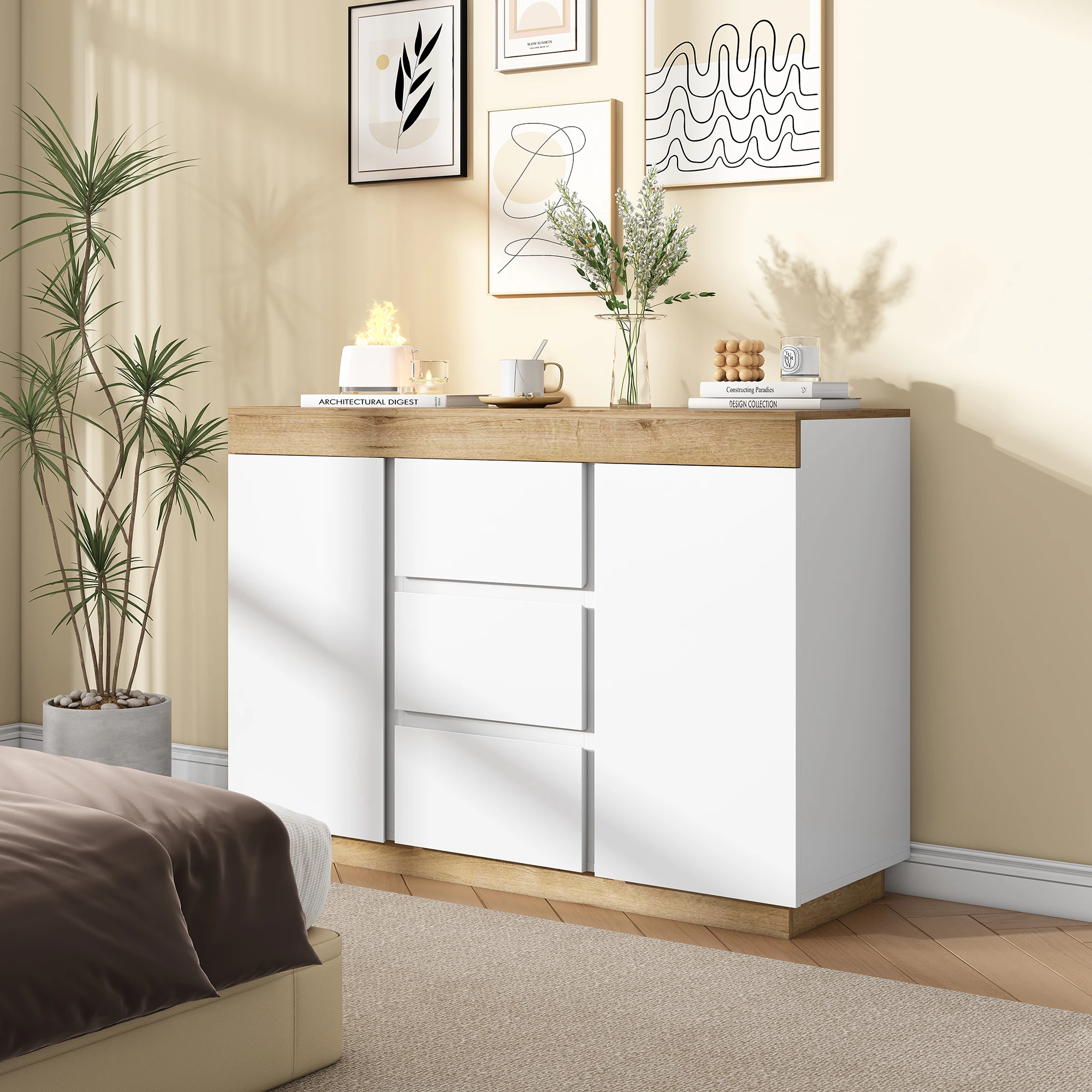 Commode - Meuble de rangement avec 3 tiroirs et 2 portes, pour chambre et salon, bois E1, blanc et chêne, 120,5x40,2x82,5 cm