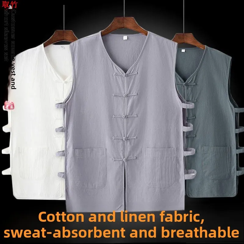 

Летний тонкий хлопково-льняной жилет в стиле ретро, мужской топ с V-образным вырезом, повседневная модная одежда на все сезоны, облегающий крой, модель M.
