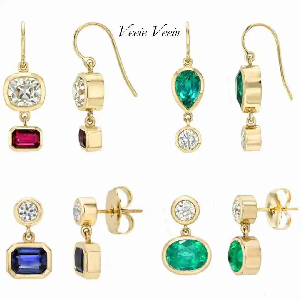 Veeie Veein  Jewelry Advanced Sense S925 Sterling Silver Color Treasure Earrings Female Ins Niche 18k Gold Plated Emerald Ruby