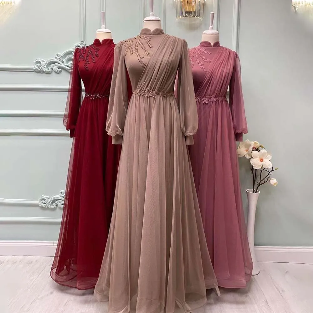 Popular High Neck Full Sleeves Lace Applique Chiffon A Line Evening Dresses Custom Made 2024 Girl Prom Wear