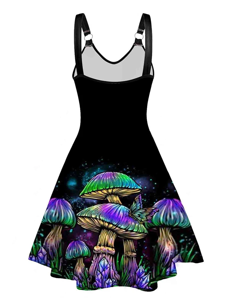 Women\'s Sexy Dresses Galaxy Colorful Mushroom Print V Neck Dress O Ring Straps Sleeveless A Line Tank Dress 2024 New