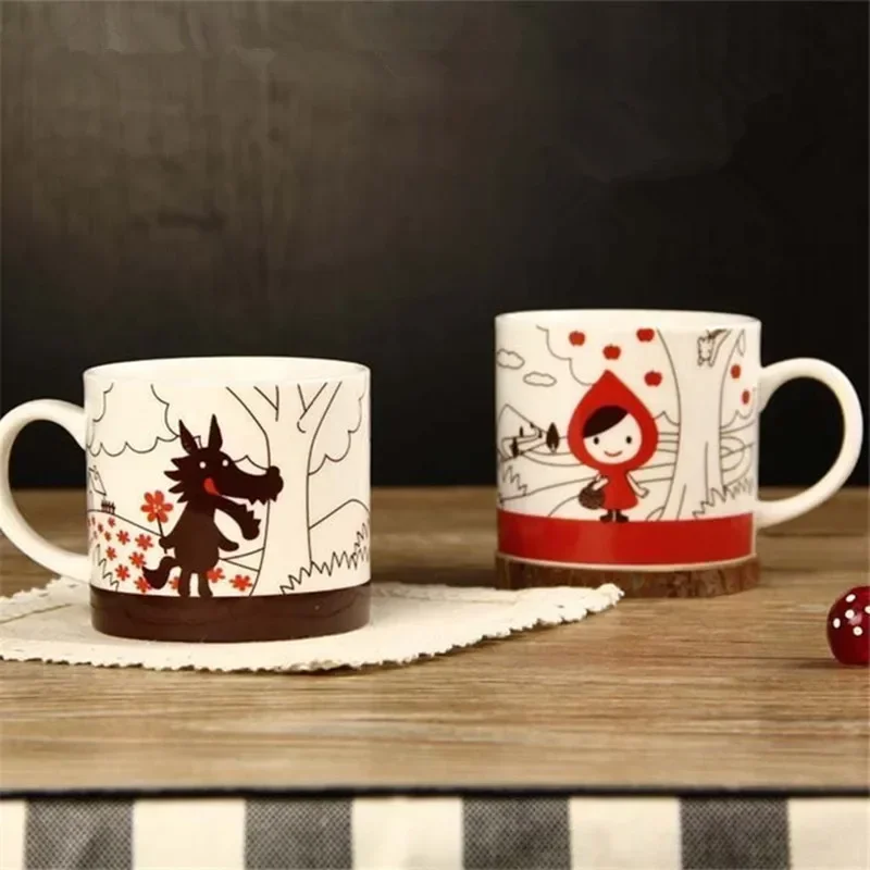 2 In 1 Couples Coffee Cups Cartoon Little Red Riding Hood Cute Lovers Gift Ceramic Moring Mug Cup Breakfast 2pcs Mugs Drinkware