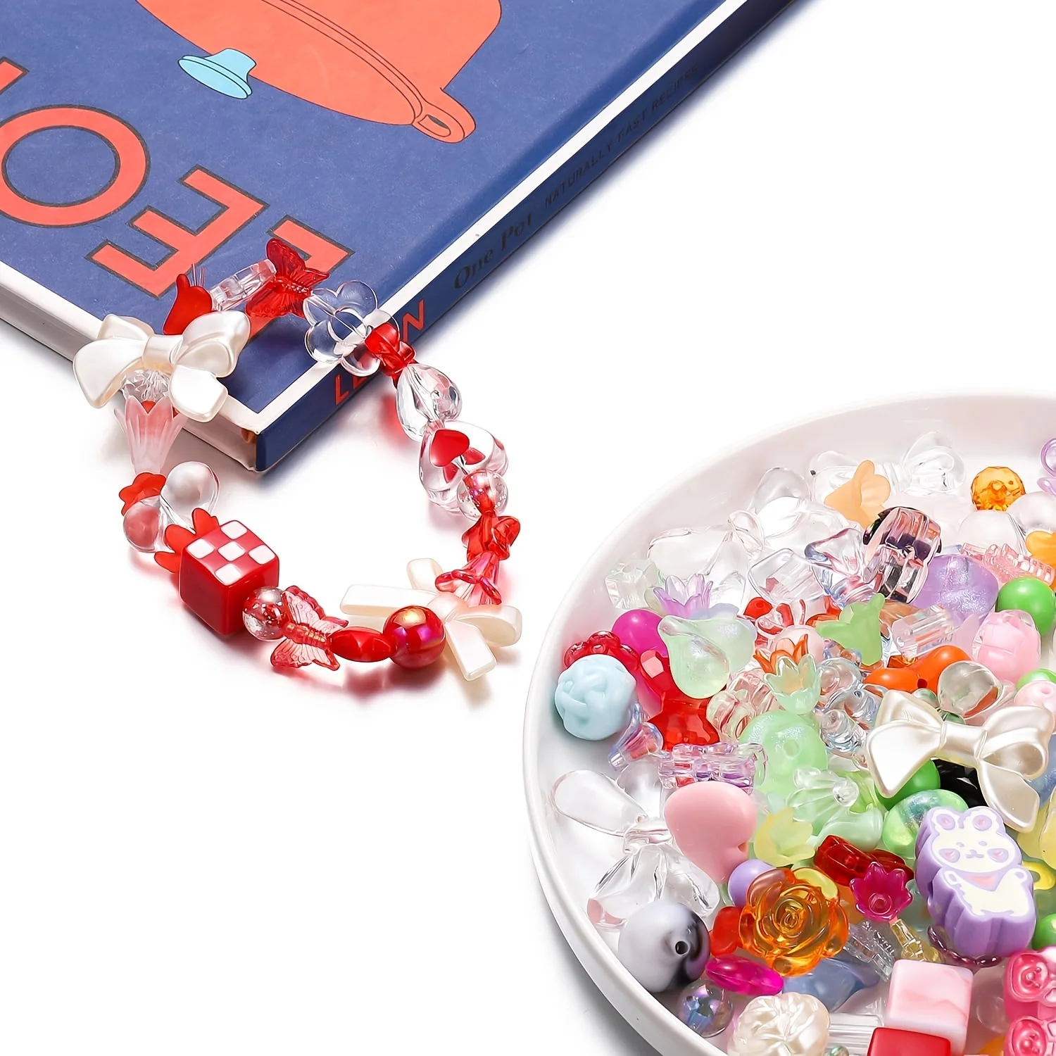 45g/2.12oz Various Acrylic Beads, Including Flower, Heart, Butterfly Pentagram Round Beads with a Roll of Bead String