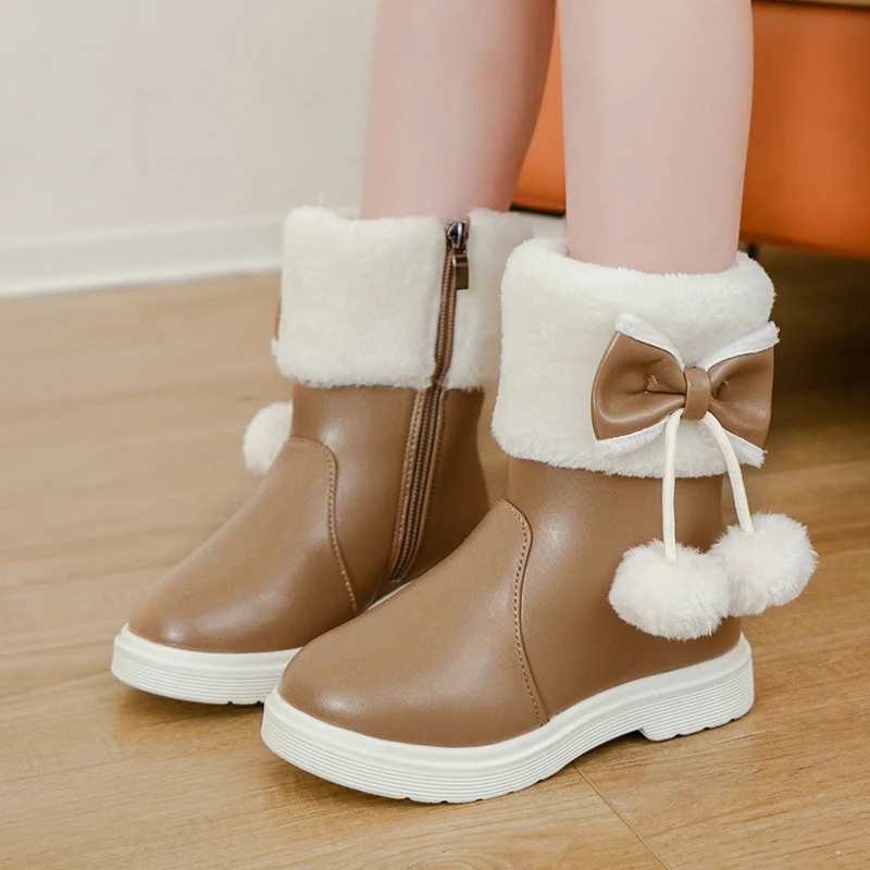 *Fashion Hot-selling Elegant Comfortable Beautiful Girls Boots Winter New Round Toe Bow Thick-soled Casual Princess Boots