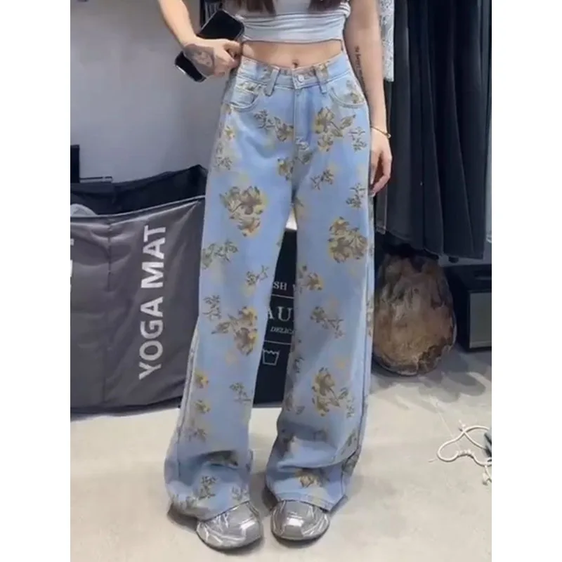 2026 New American Retro Flower Print Wide-leg Jeans Women's Summer High Waist Loose and Thin Straight Mopping Pants