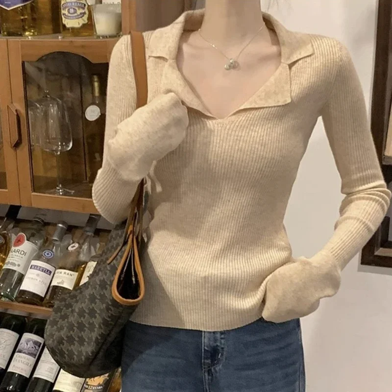

Узкая трикотажная рубашка с длинным рукавом и v-образным вырезом, женский пуловер, свитер, топы, весенне-осенние женские эластичные тонкие рубашки, трикотаж