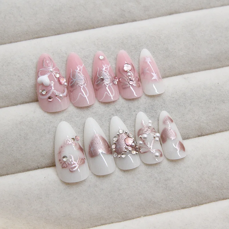 24pcs Spice Girls Pink Press on Nails 3D Bowknot Sweet Love False Nails Patch Full Cover Wearable Ins Almond Fake Nails Tips