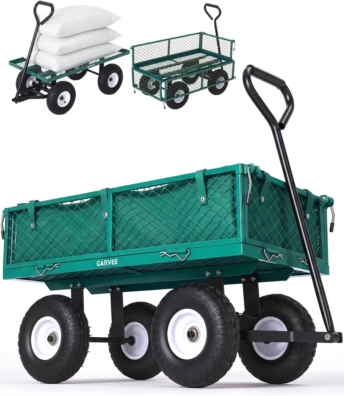 Carrello da giardino in acciaio resistente, con capacità di carico di 180 kg, dotato di lati in rete rimovibili, pneumatici da 10 pollici e ruote da 180. ° Manico Girevole, Rivestimento Impermeabile