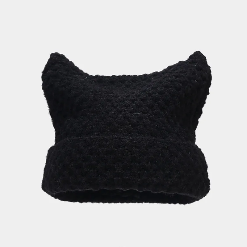 Gorro de lana cálido con orejas de gato para mujer, gorro tejido a rayas a la moda, gorro para la cabeza, gorro de algodón de estilo Hip-hop, 2023