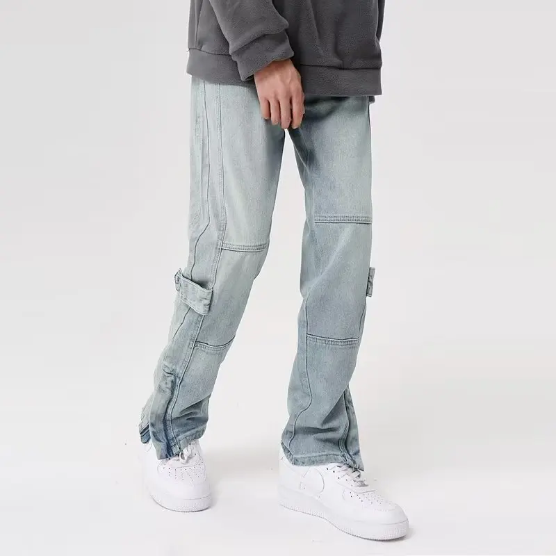 2026 Cyber Y2K Mode Gewaschene Blaue Baggy Jeans für Herren – Knöchelreißverschluss, Gerade geschnittene Old-Denim-Hose, Pantalones Hombre – Detail 9