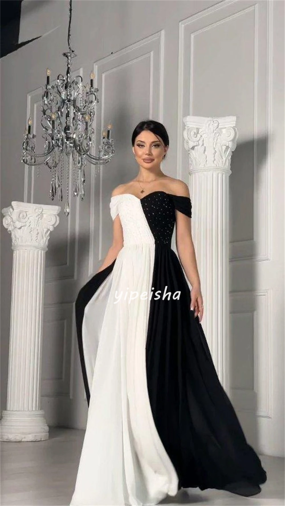 Fashion Sizes Available Chiffon Pleat Ruched Draped Sequined A-line Off-the-shoulder Long Dresses Celebrity Dresses Matching