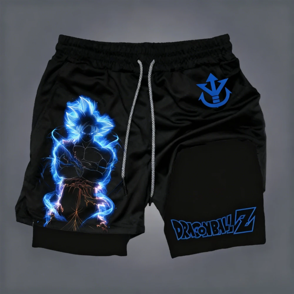 Pantalones cortos de doble capa para hombre de Dragon Ball, pantalones cortos deportivos de dos piezas falsos de Anime de verano Son Goku de secado rápido, pantalones informales Y2k