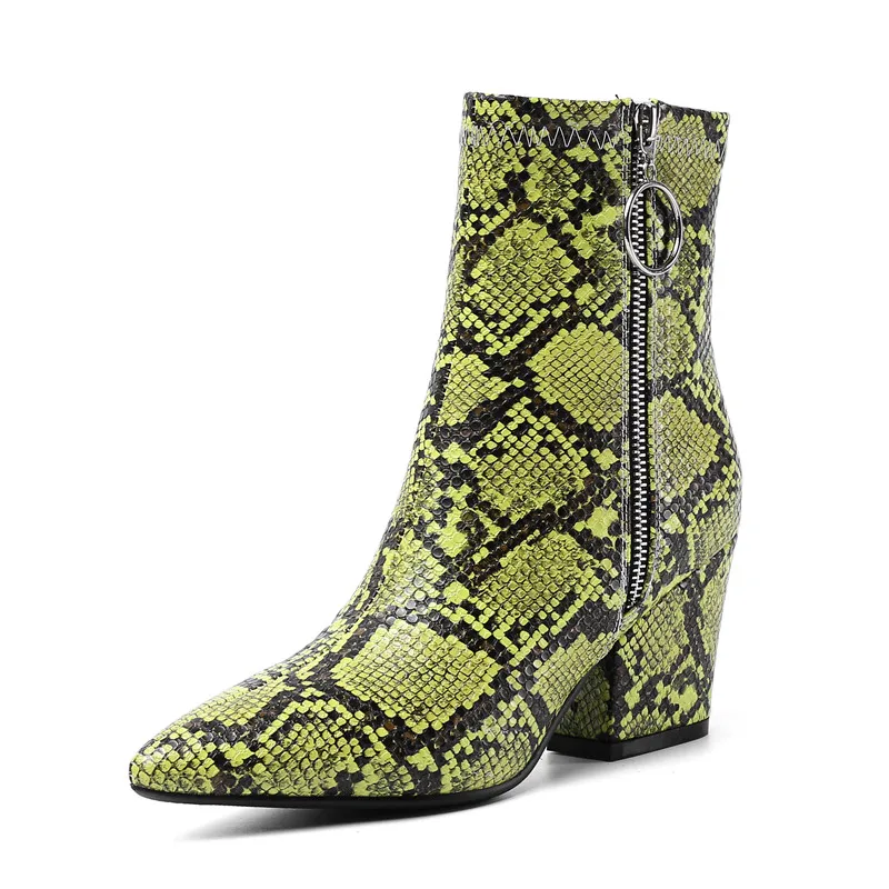 YMECHIC Snake Print Yellow Green White High Heels Womens Shoes Zipper Fashion Retro Gothic Ankle Boots Female Winter Bootie 2022