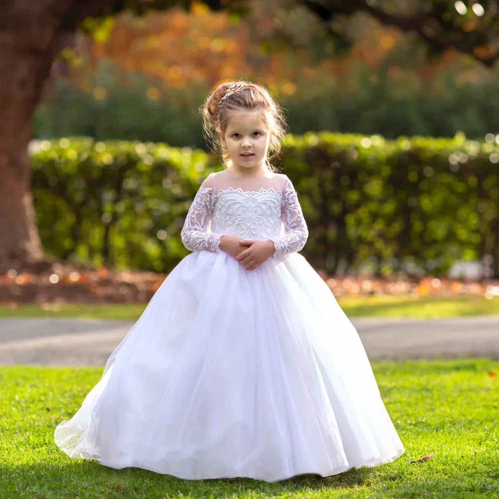 Vestido de novia de flores para niñas, traje de tul de encaje, tren largo, princesa Acebo, comunión, bautismo, ropa de fiesta de desfile