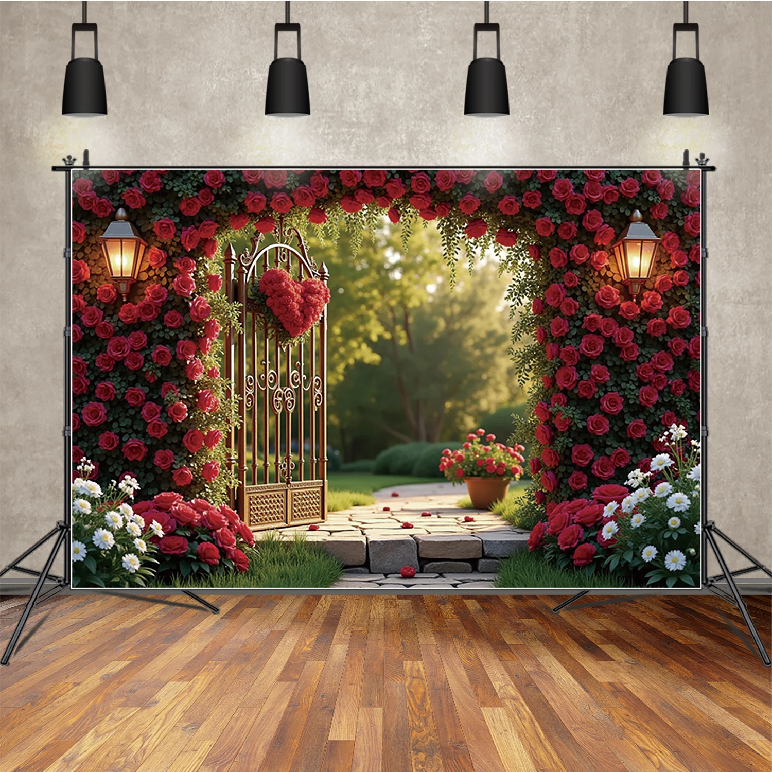 

MOON.QG February 14 Valentine Day Photography Backdrop Rose Garden Door Light Photozone Background Anniversary Party Decoration