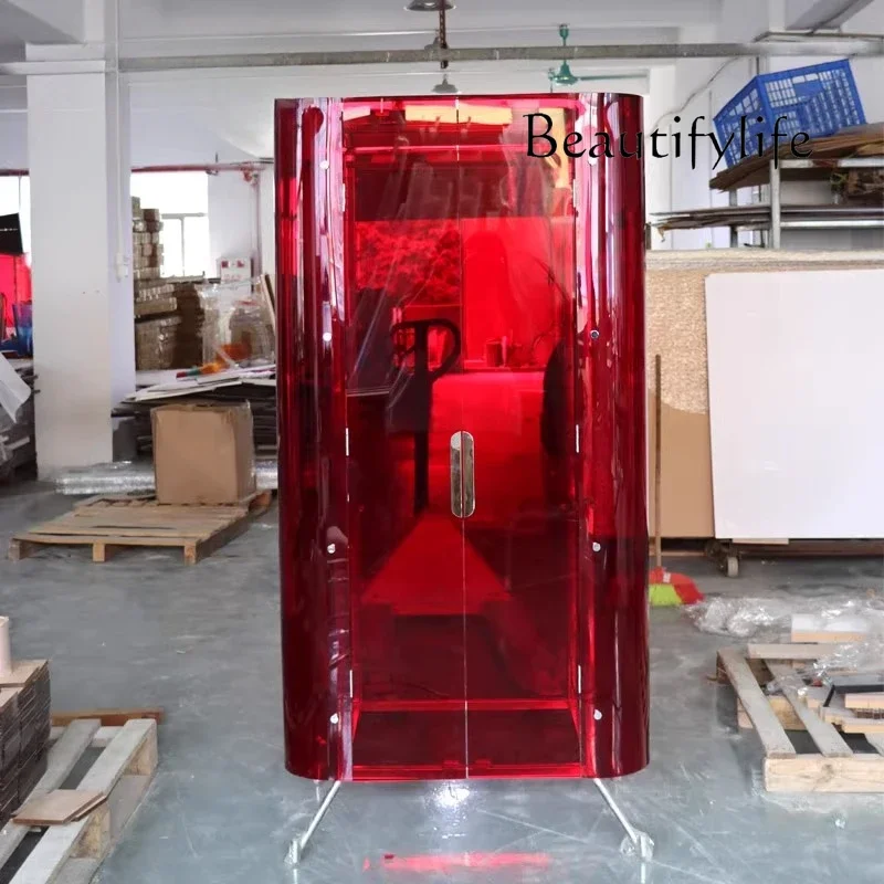 

Light luxury stainless steel acrylic transparent wardrobe household burgundy bedroom cloakroom storage cabinet locker