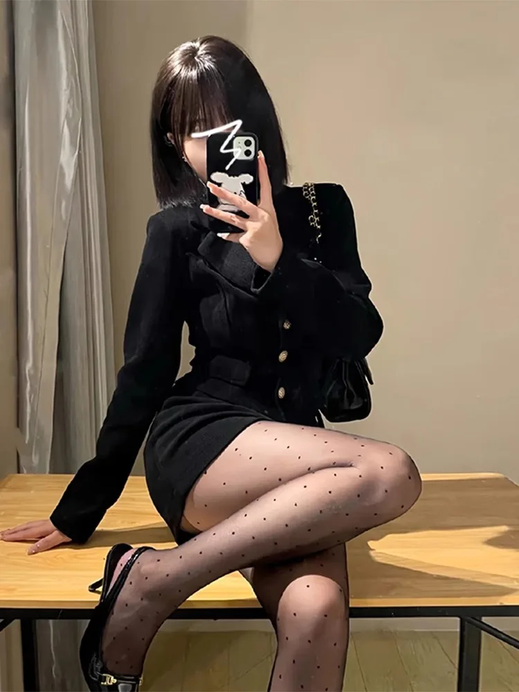 Elegant Hepburn Sle Women's Fleece Lined Suit Skirt Set High Waist Short Skirt Long Sleeve Button up Pure Color Autumn Winter