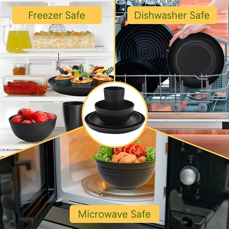 

TKOH-Dinner Plate, Dessert Plates, Cereal Bowl, Drinking Cups, Plates And Bowls Sets-Microwave Safe Dishes 16 PCS Unbreakable