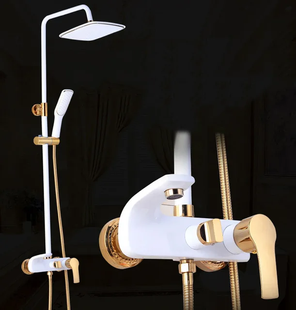White Gold Bathroom Shower System 12 Inch Rain Shower Head Brass Hot Cold Bathroom Faucets Thermostatic Bathroom Shower Set