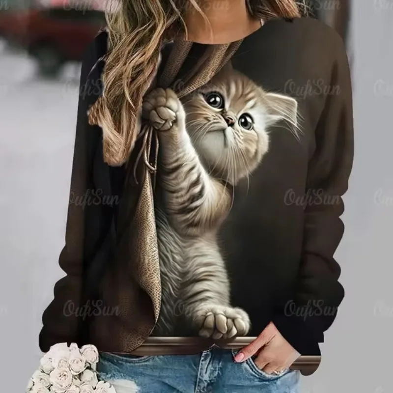 Women Clothing Cute Cat Print Fashion Women\'s Long Sleeves T-shirts Fall Casual Cotton Pullover Loose Female Tops Streetwear