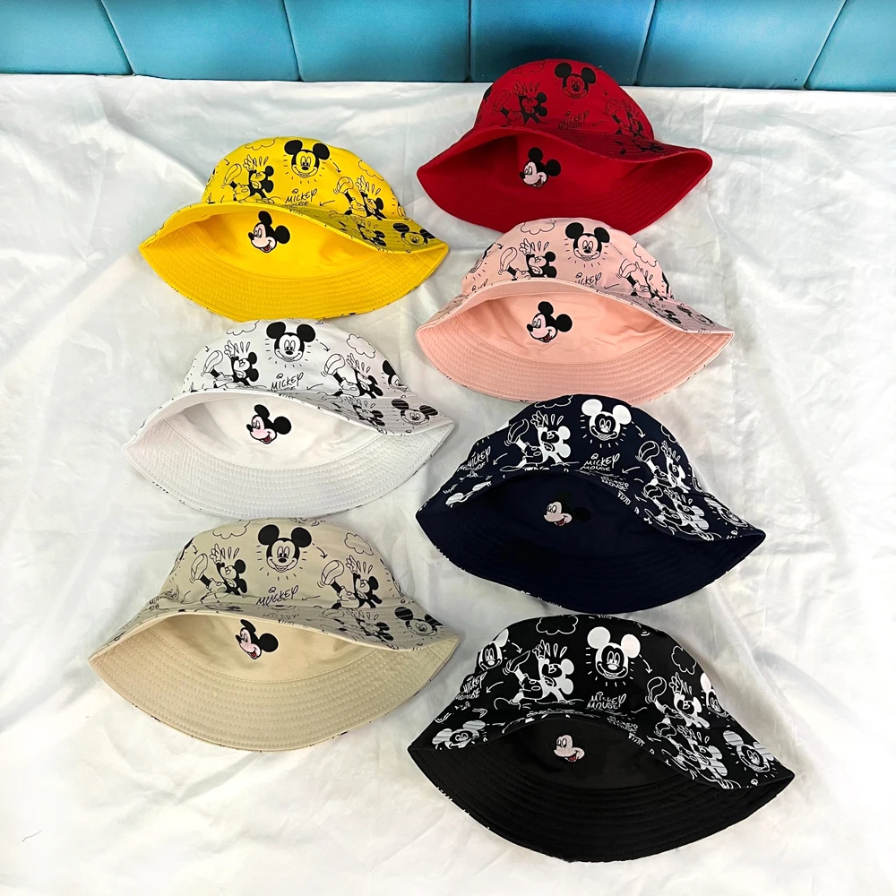 Miniso-Cartoon Bucket Cap para crianças, chapéus de pescador de algodão, Waflera, Mickey Mouse, impressão dupla face, presentes de aniversário,