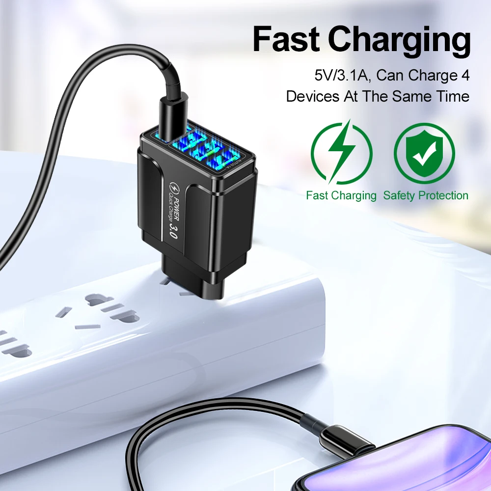 USB Fast Charger 5.1A 4 Ports Travel Charger QC 3.0 For iPhone 15 14 13 Samsung Redmi Xiaomi  Mobile Phone Charger EU/US/KR Plug