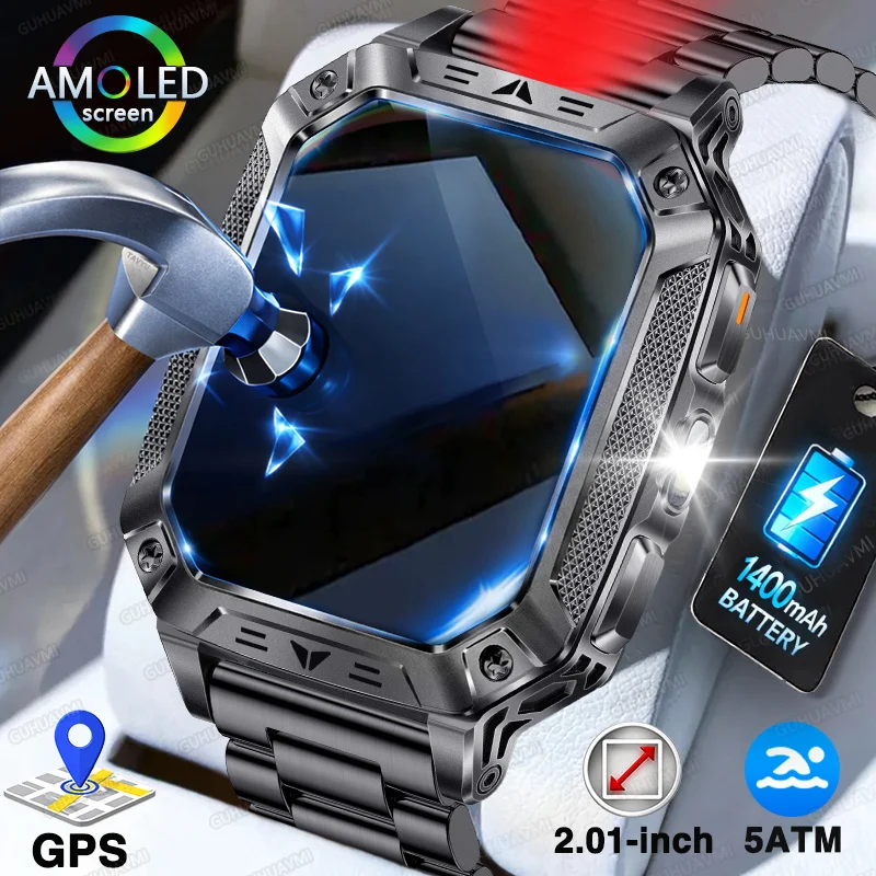 

2026New GPS Smart Watch High-end Men 2.01"Sapphire AMOLED Screen 1400mAh Large Battery 5ATM Waterproof Dual-colorLamp Smartwatch