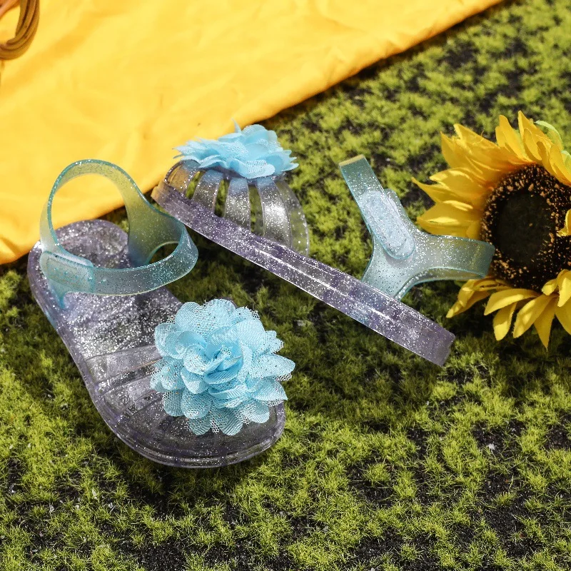 Girls Glitter Jelly PVC Flower Accessories Sandals Toddler Little Kids Buckle Closure Retro Woven Cut-Out Summer Beach Shoes - view 2