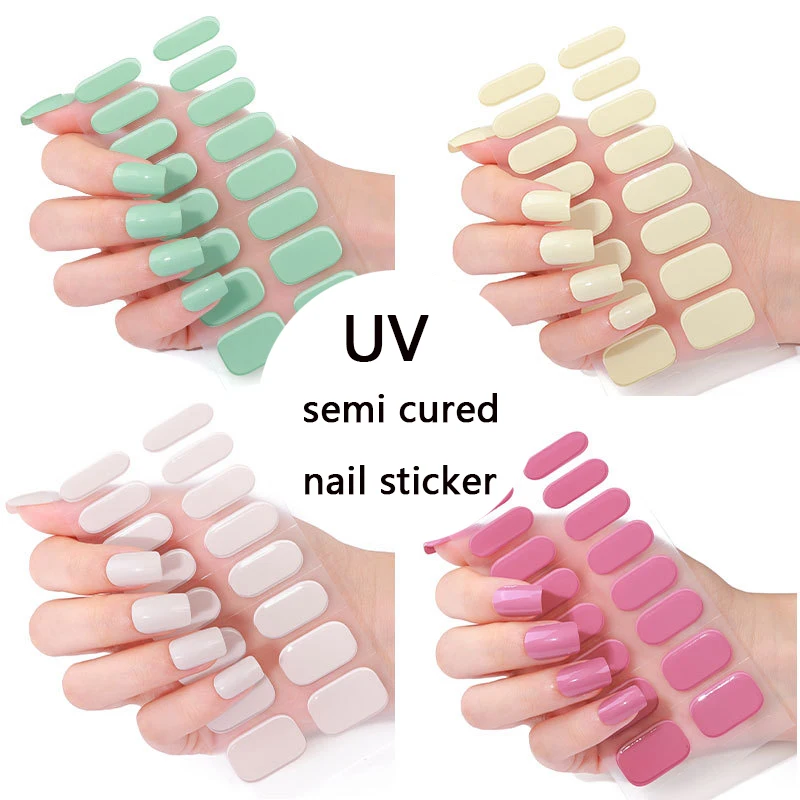 16Tips UV Semi Cured Nail Stickers White&Pink Lamp Gel Nail Polish Wraps Full Cover Adhesive Nails Decals Sliders Lamp Neede Y&F