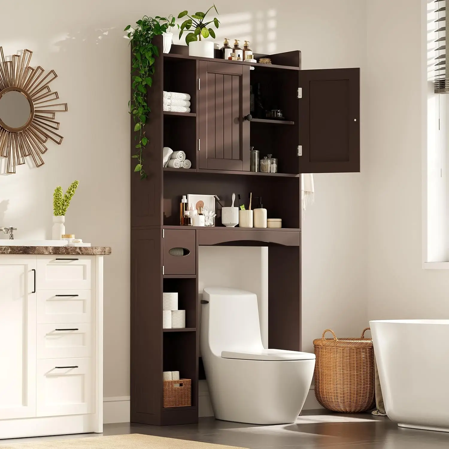 i*-Over The Toilet Storage Cabinet, 66''H Over Toilet Storage Cabinet, with Paper Holder, Adjustable Shelves, 2 Doors,,