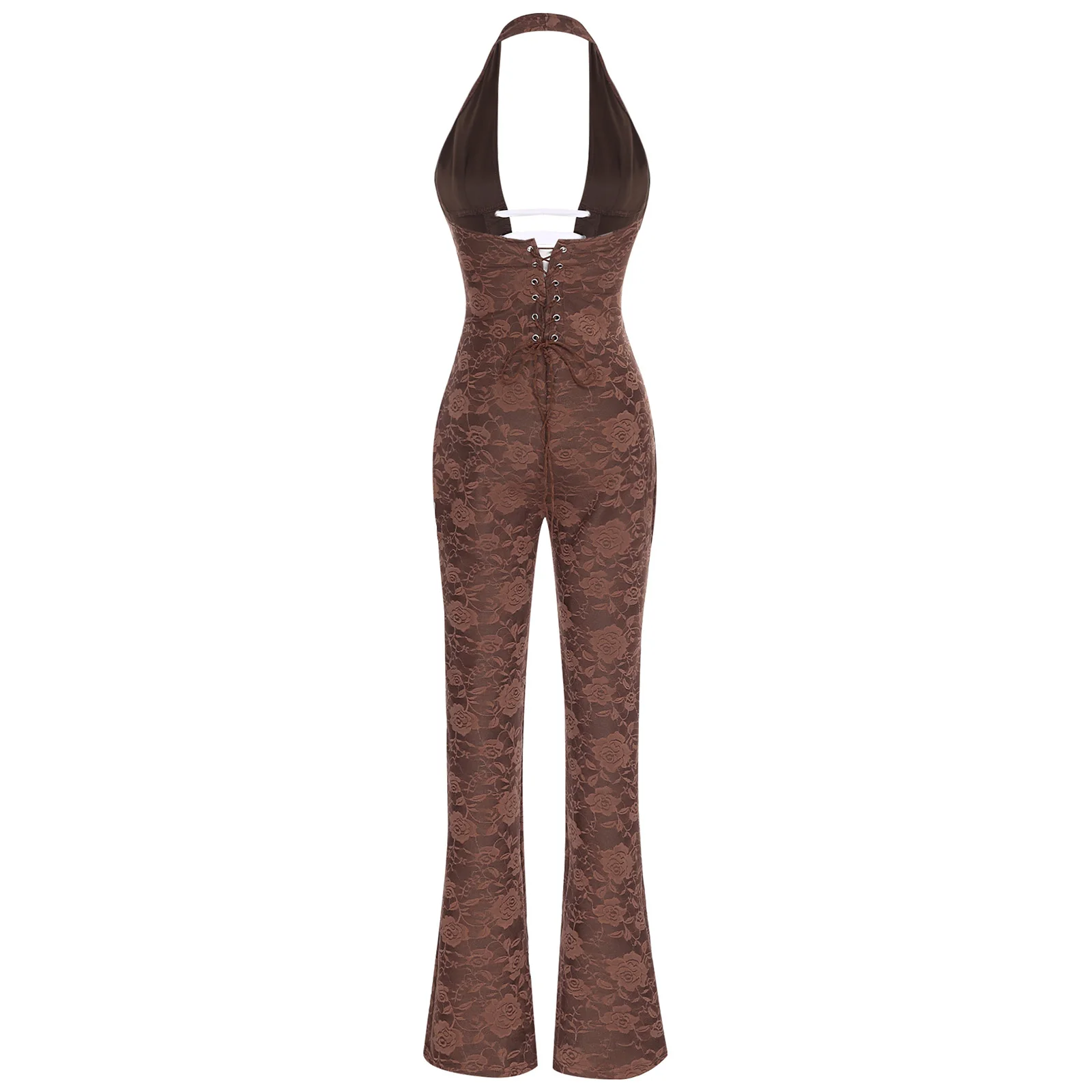 Womens Floral Lace Rompers Halter Deep V Neck Lace-up Wide Leg Pants Streetwear One Piece Jumpsuit Nightclub Woman's Clothes