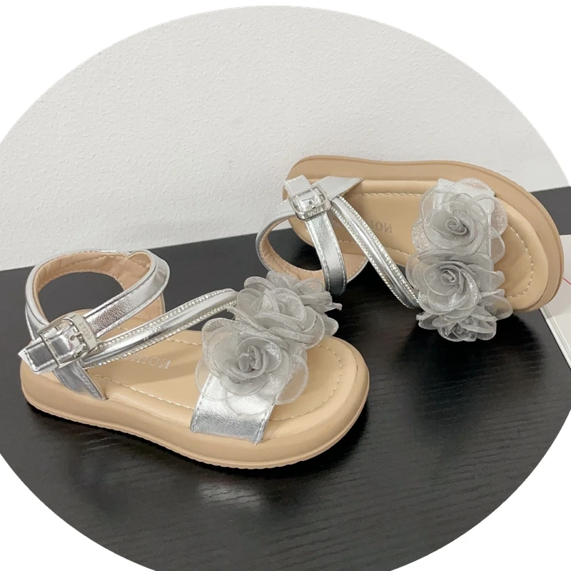 

Children's Summer Sandals Girls' Lace Floral Decor Ankle Strap Shoes For Wedding Birthday Party Little Princess Dress Shoes