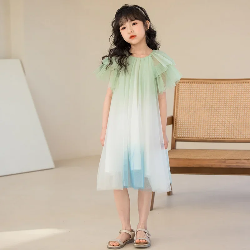 2024  Korean Summer Junior Girl  Elementary Girl Fluffy Gauze Princess  Children Girl Gradient Prom Dress