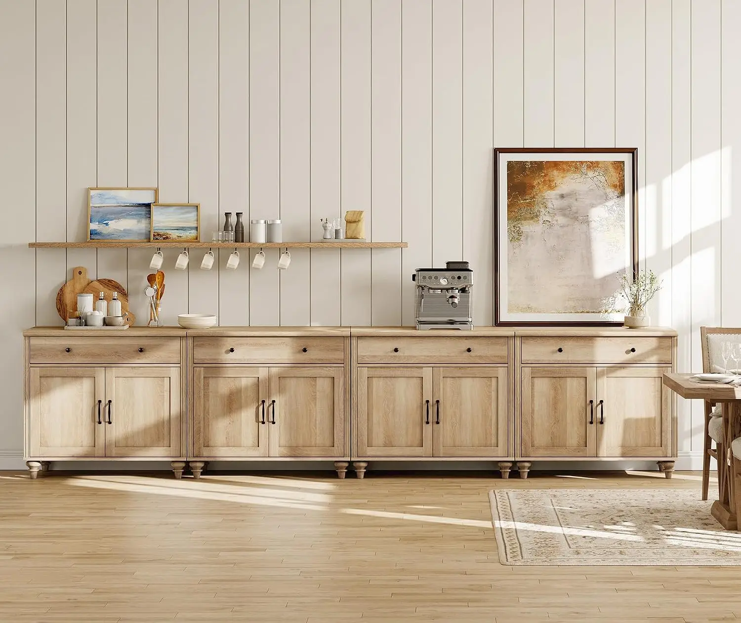 Large Buffet Cabinet 8 Doors & 4 Drawers, Modern Coffee Bar Wood Kitchen Storage Sideboard Dining Room, Oak 134 inch, Customized