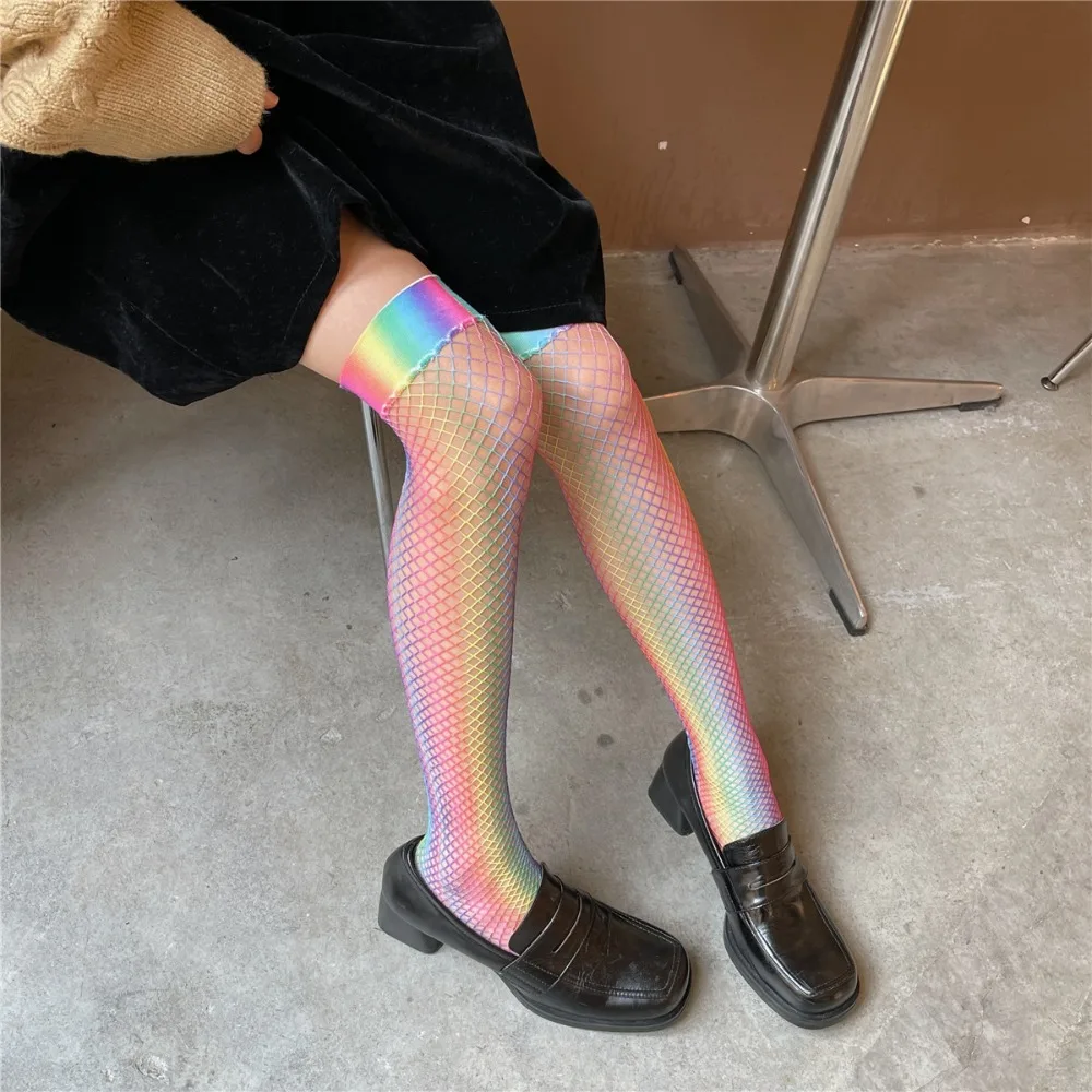 For Girls Female Rainbow Fishnet Stockings New Tights Thin Gradient Color Socks Personality Fashion Coforful Mesh Stockings