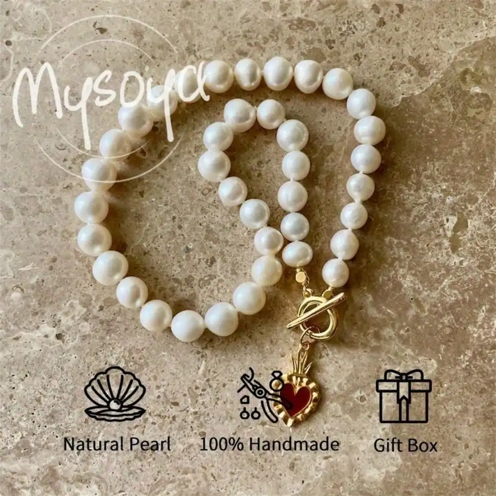 MYSOYA Collar de perlas blancas de agua dulce, perlas de 9-10mm con caja de regalo para ella/Him, regalo de cumpleaños/boda/Navidad/aniversario