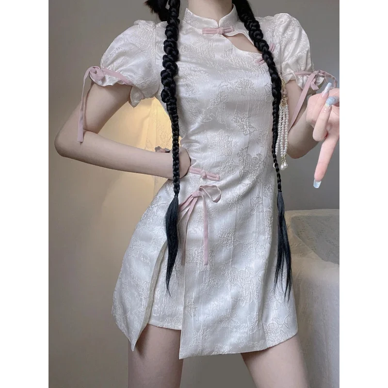 Harajuku Cheongsam Dress Women Sweet Floral Bow Bandage Lolita Dresses Y2k Sexy Aesthetic Puff Sleeve Women's Modernize Dresses