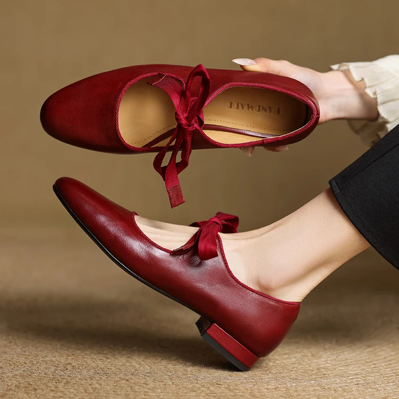 

Premium Luxury Genuine Leather Cowhide Mary Janes Shoes Lace-Up Bowtie Red High Heels,Fashion Women Shoes