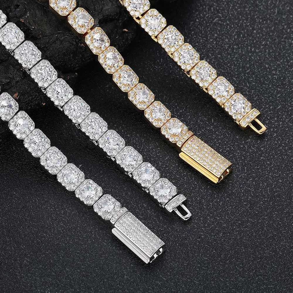 HHIOK 5/7mm Tennis Chain 5A Cubic Zirconia Iced 18K Gold Plated Hip Hop Style Shiny Diamond Party Necklace For Men And Women