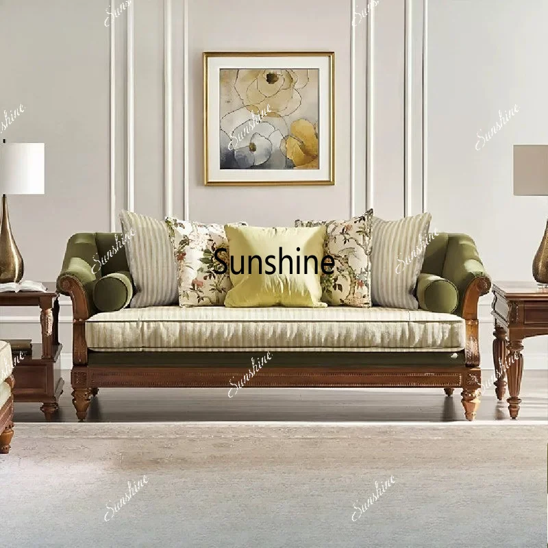 American light luxury solid wood living room classical carved fabric sofa