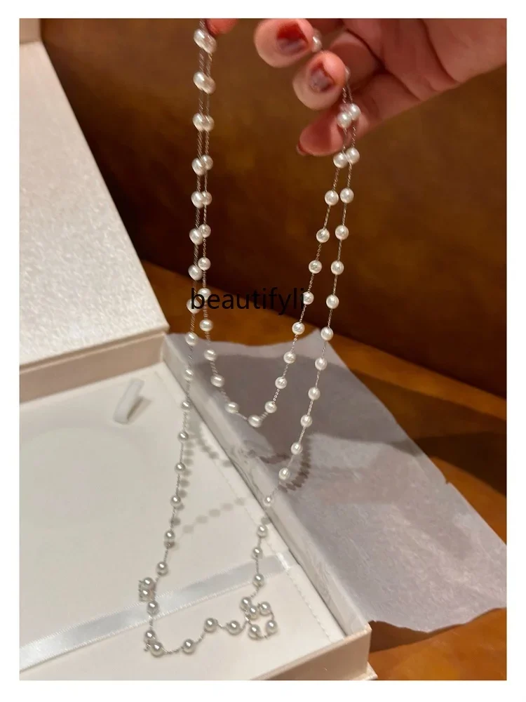 S925 silver long pearl necklace light luxury niche fashion gypsy star design platinum gray sweater chain