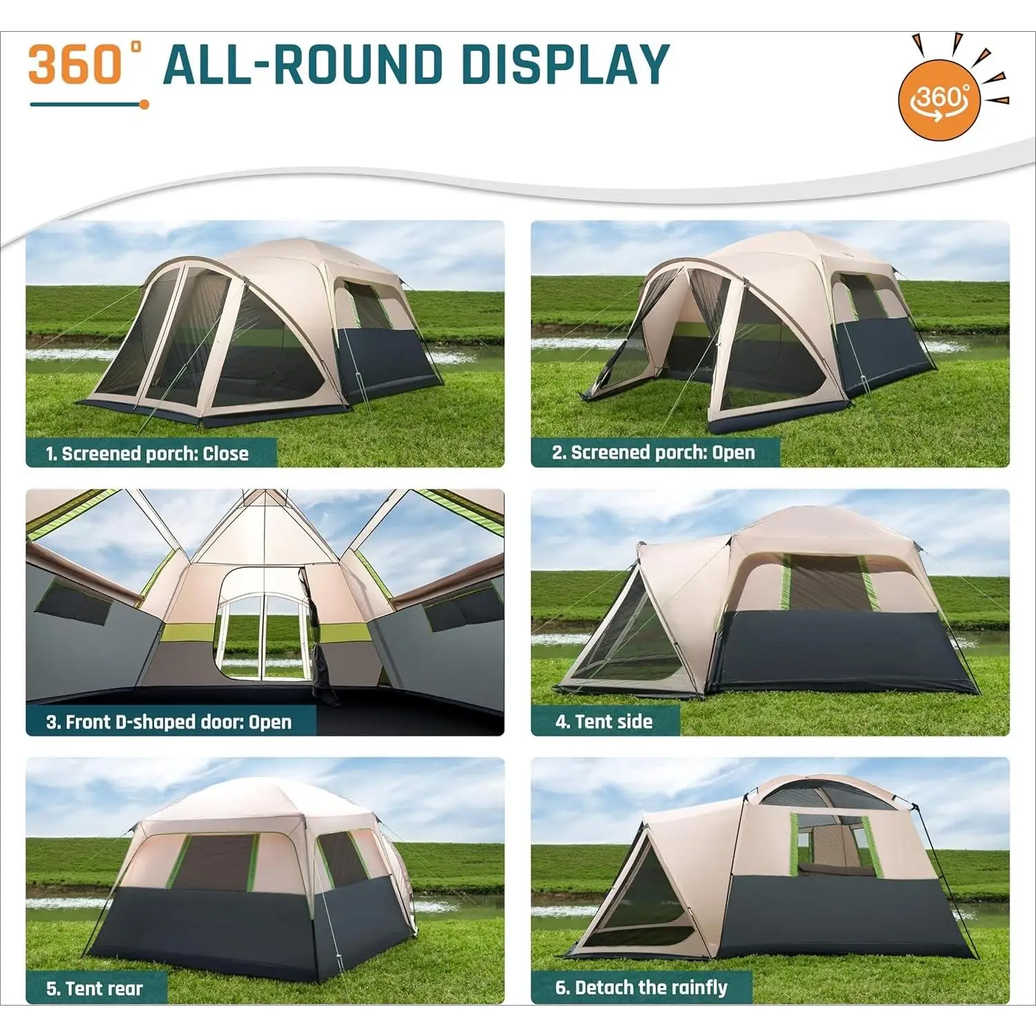 خيمة YOU_Tents للتخييم تتسع لـ 6/10 أشخاص مع شرفة شاشة، خيمة كابينة كبيرة مقاومة للطقس مع حقيبة مطر وحقيبة حمل،