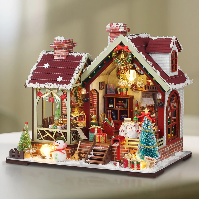 DIY Drewniane Ciepłe Świąteczne Figurki Casa Miniaturki Domek dla Lalek Zmontowane Domki ze Światłami na Prezenty dla Przyjaciół Dekoracje Domu Rękodzieło