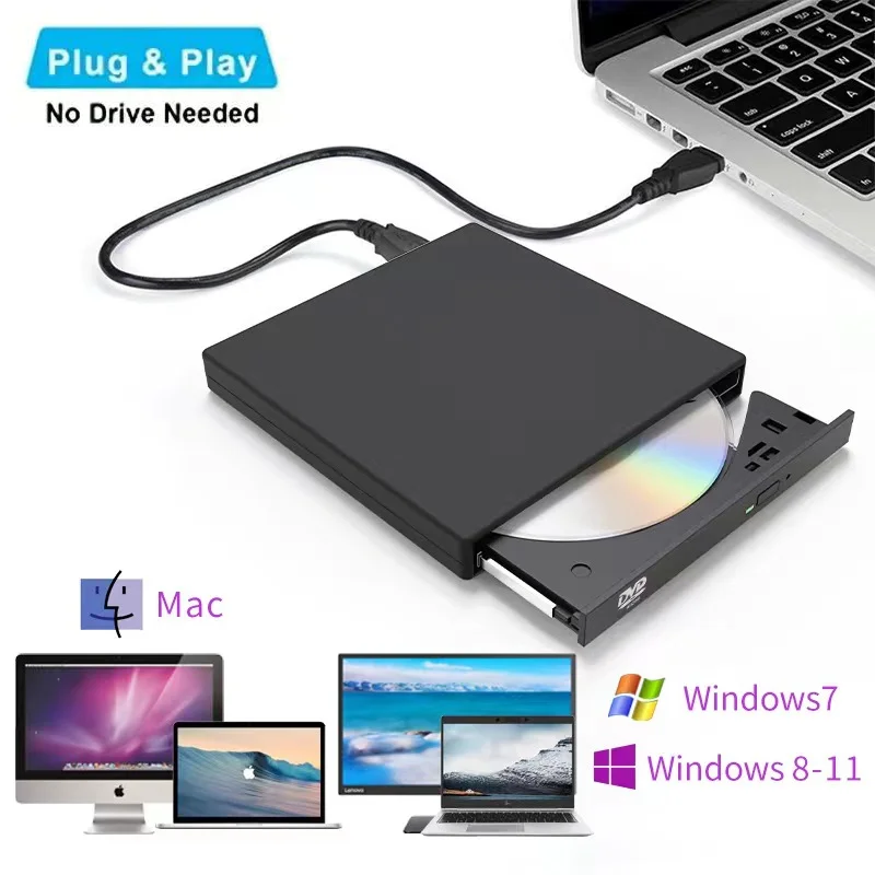 USB 2.0 External CD/DVD RW Drive Read Burner Portable DVD Player Optical Drives For Laptop Desktop PC Windows 11 10 Linux OS Mac