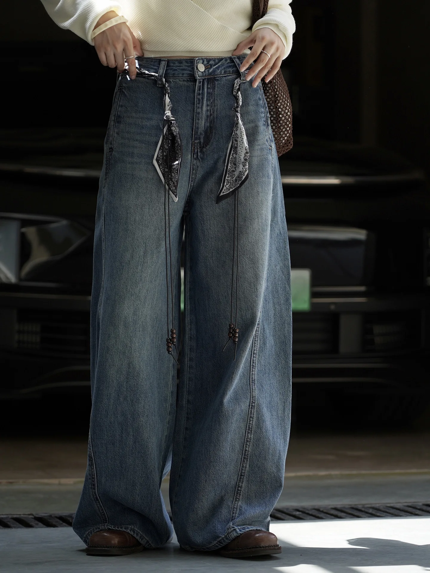 

Осенний новый корейский модный дизайн, шарф с поясом из бисера, джинсы, свободные широкие брюки для женщин